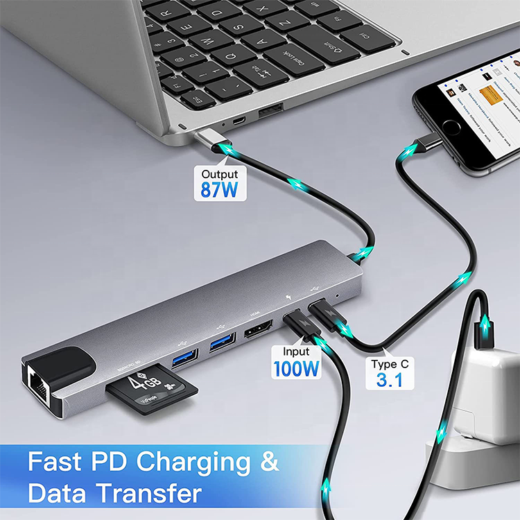 8 in 1 Usb C Hub Multiport Adapter Usb C Hub Docking Station